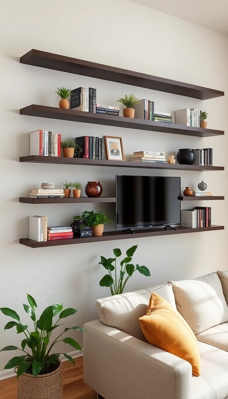 20 Cozy Living Room Ideas That'll Make You Want to Snuggle Up Forever! - 18. Floating Shelves