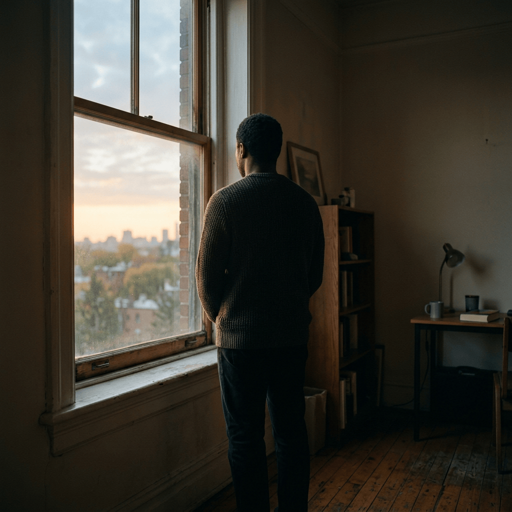 Person standing by a window overlooking a city at sunset