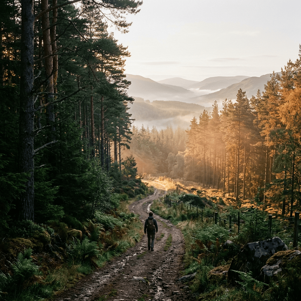Hiker walking along a forest trail toward misty mountains